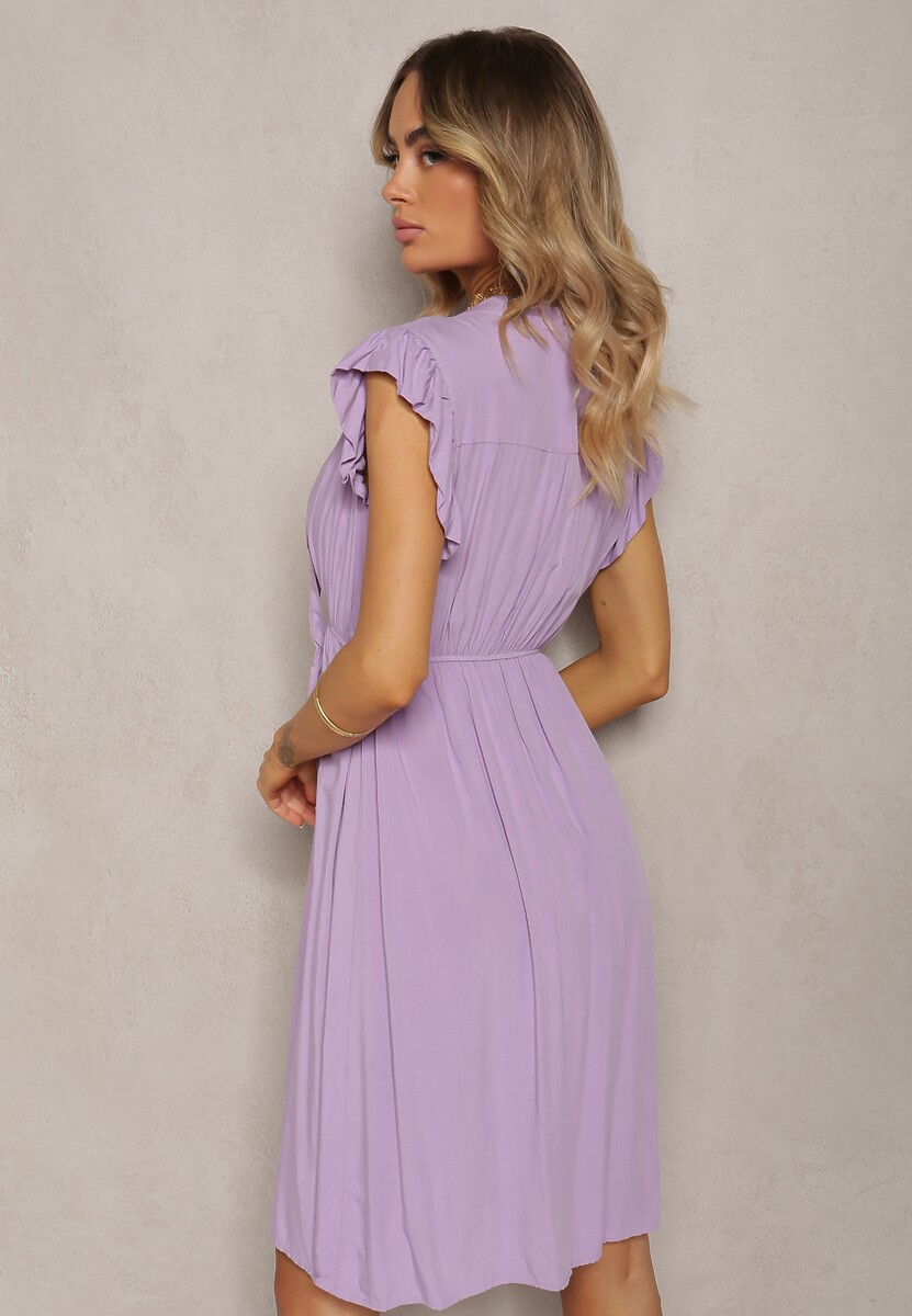 Fioletowa Sukienka Rozkloszowana z Gumką w Talii i Wiązaniem przy Dekolcie Naque
