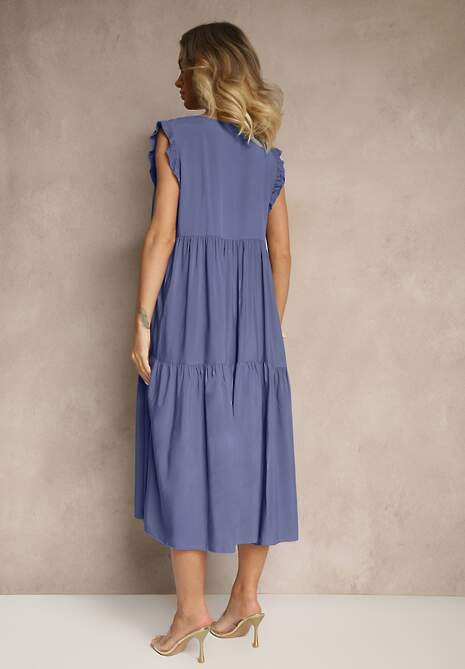 Niebieska Sukienka z Bawełny z Falbankami Hirlio