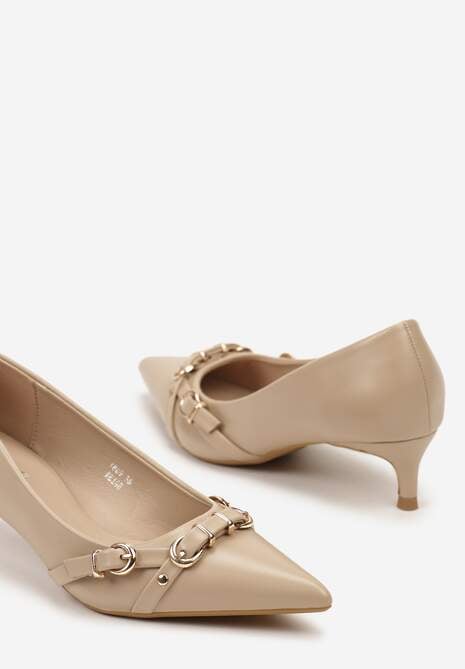 Beżowe Czółenka z Obcasem Stiletto i Ozdobnymi Klamrami Annamora