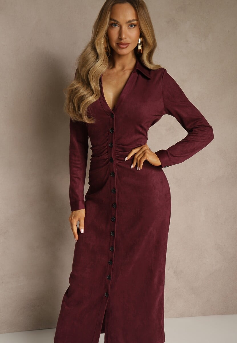 Bordowa Marszczona Sukienka z Imitacji Zamszu o Koszulowym Kroju Esora