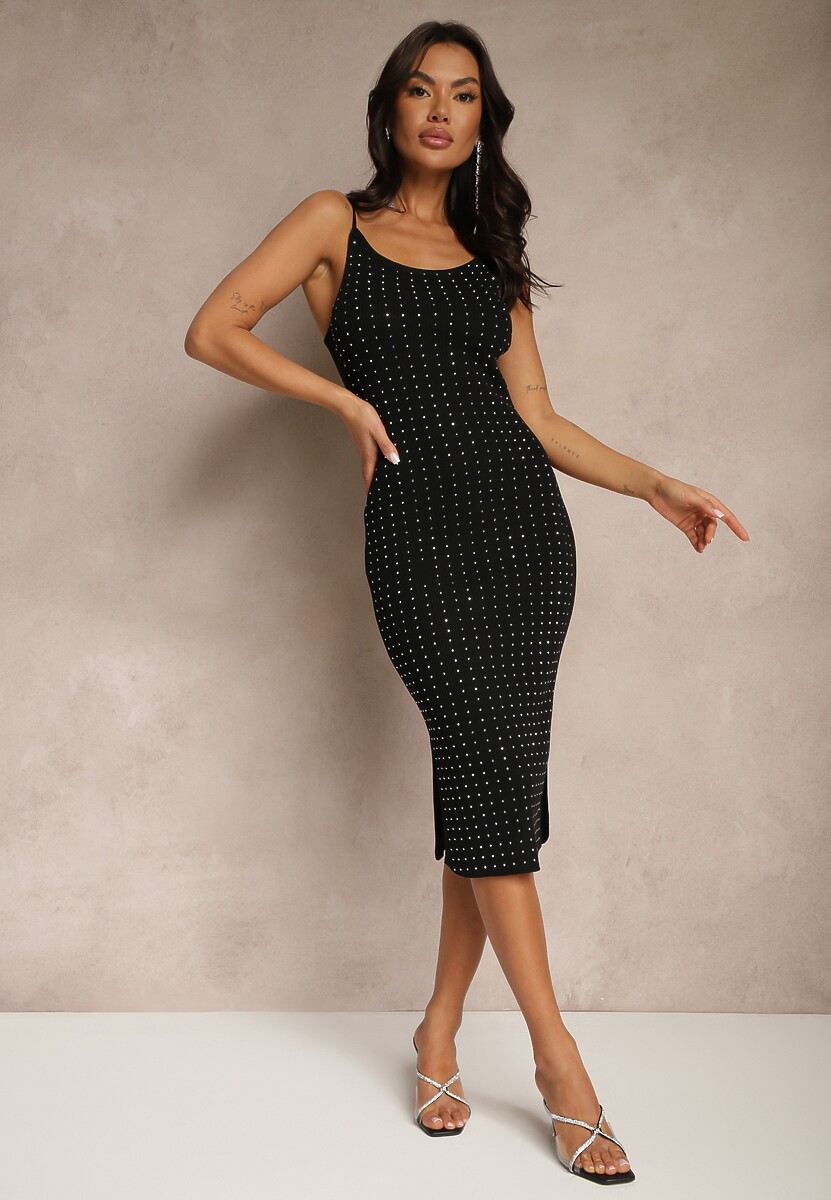 Czarna Dzianinowa Sukienka z Wiskozą o Dopasowanym Kroju z Cyrkoniami i Rozcięciem Selianael