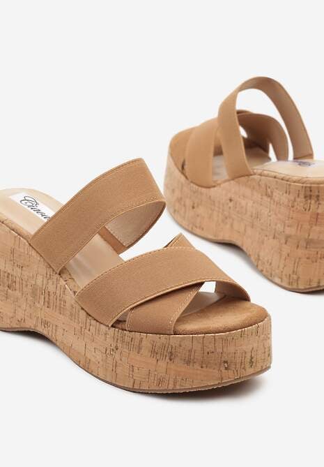 Brązowe Klapki na Korkowej Platformie i Koturnie Dovilene
