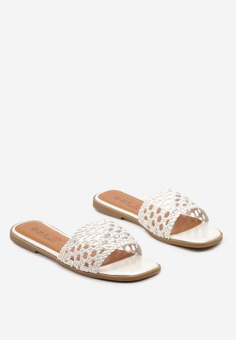 Białe Casualowe Klapki na Płaskiej Podeszwie z Ażurowym Paskiem Ellnara