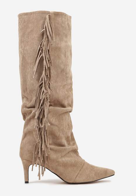 Ciemnobeżowe Kozaki z Imitacji Zamszu na Szpilce z Marszczoną Cholewką z Frędzlami Linotris