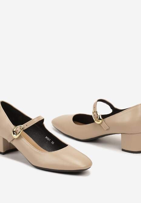 Beżowe Czółenka w Stylu Mary Jane na Słupku Daithara