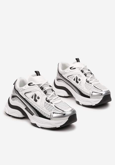 Biało-Srebrne Sneakersy na Grubej Podeszwie Ozdobione Siateczkowymi Wstawkami Korianna