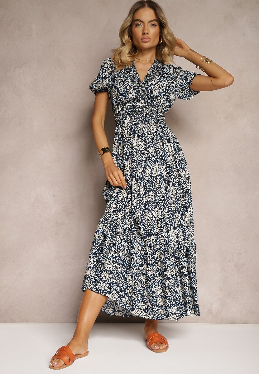 Granatowa Trapezowa Sukienka z Bawełny z Bufiastymi Rękawami Falbaną i Gumką w Talii Vimayana