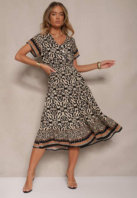 Czarna Sukienka z Bawełny z Gumką w Pasie i Ozdobnymi Guzikami Natifarela