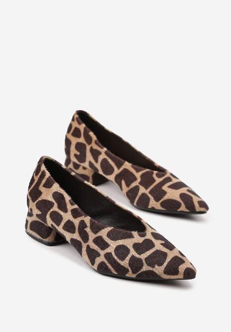 Brązowe Panterkowe Czółenka na Słupku Vices ze Skórzaną Wkładką Alinire