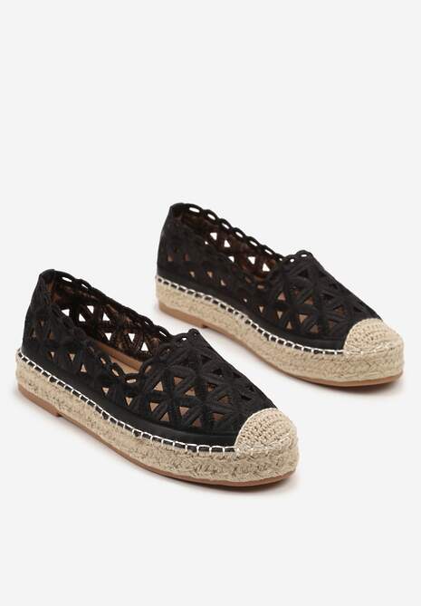 Czarne Ażurowe Espadryle na Płaskiej Plecionej Podeszwie Sepanisse