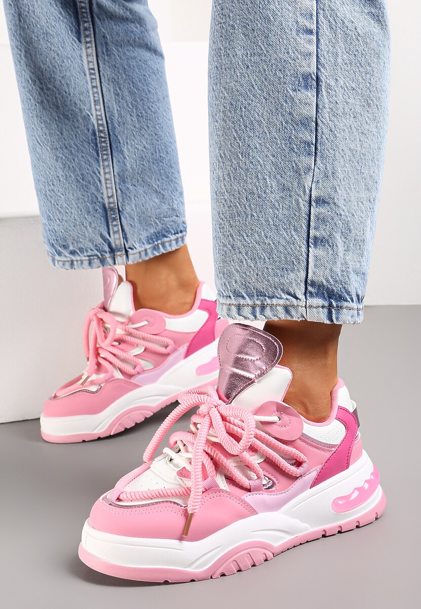 Różowe Sneakersy Ozdobione Kolorowymi i Metalicznymi Wstawkami na Grubej Podeszwie Oplevia