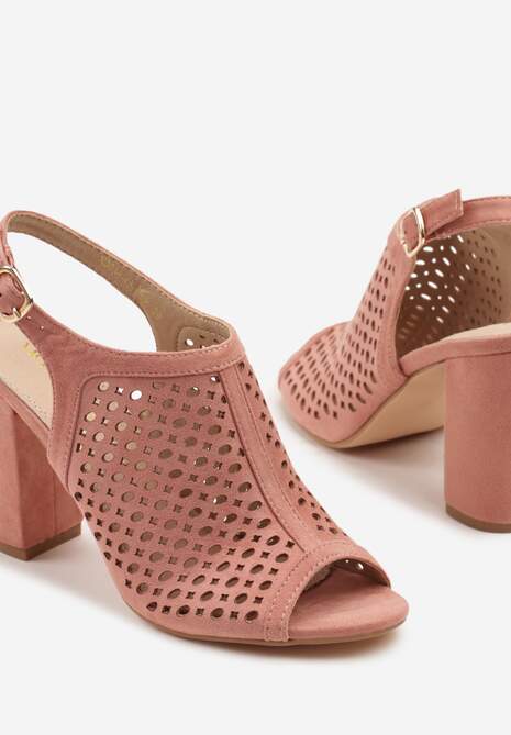 Różowe Sandały na Słupku z Ażurową Cholewką i  Skórzaną Wkładką Linalira