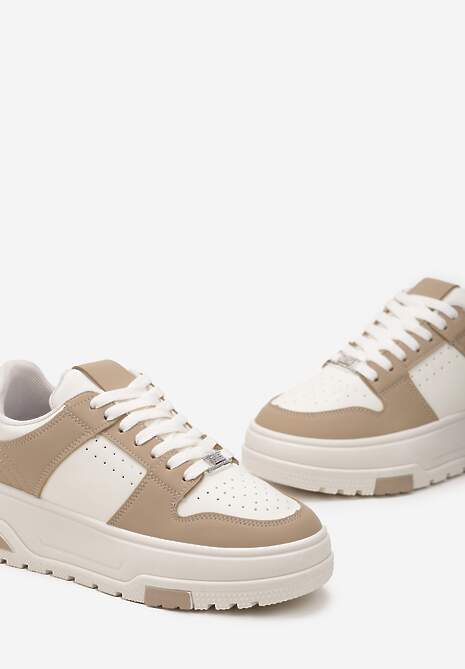 Ciemnobeżowe Sneakersy z Ekoskóry na Grubej Podeszwie z Ozdobnymi Wstawkami Sarnei