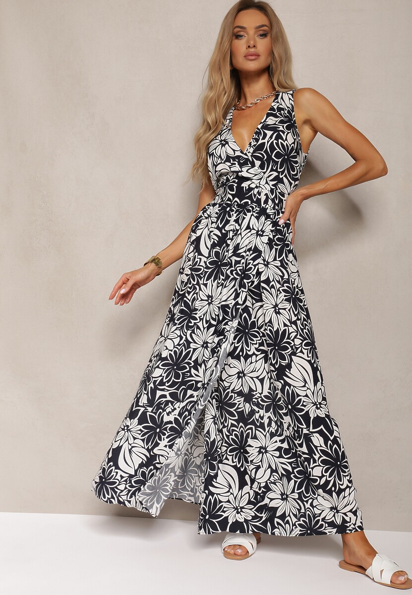 Czarna Kopertowa Sukienka z Wiskozy z Wiązaniem i Gumką w Pasie Vikissima