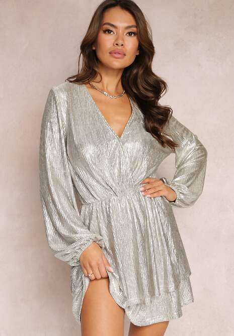 Złota Luźna Rozkloszowana Sukienka Mini o Metalicznym Błysku i Kopertowym Dekolcie z Gumką w Talii Patangia