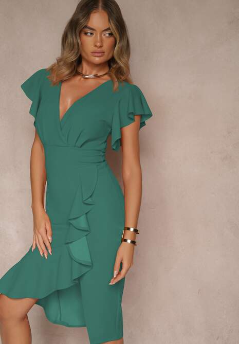 Zielona Kopertowa Sukienka z Trójkątnym Dekoltem i Falbankami Holana