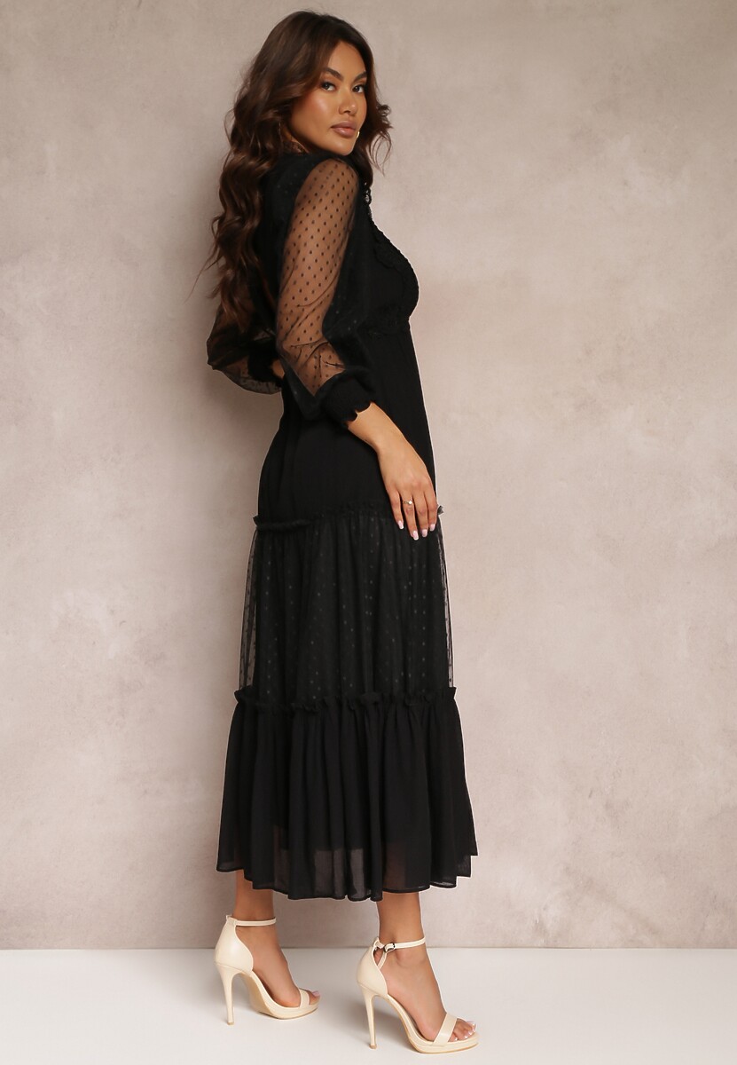 Czarna Sukienka z Bufiastym Rękawem Ozdobiona Tiulowymi Wstawkami Laluna