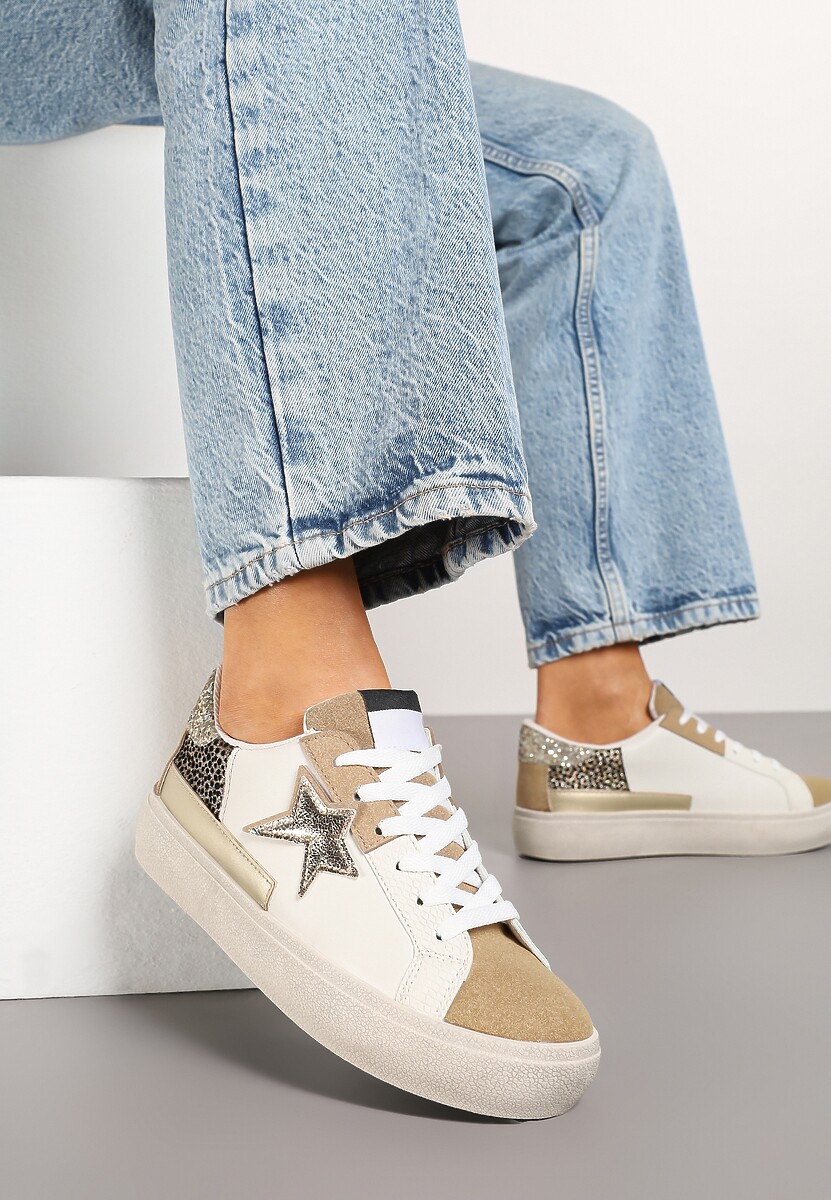 Ciemnobeżowe Sneakersy na Niskiej Platformie z Brokatowymi Zdobieniami Felaven