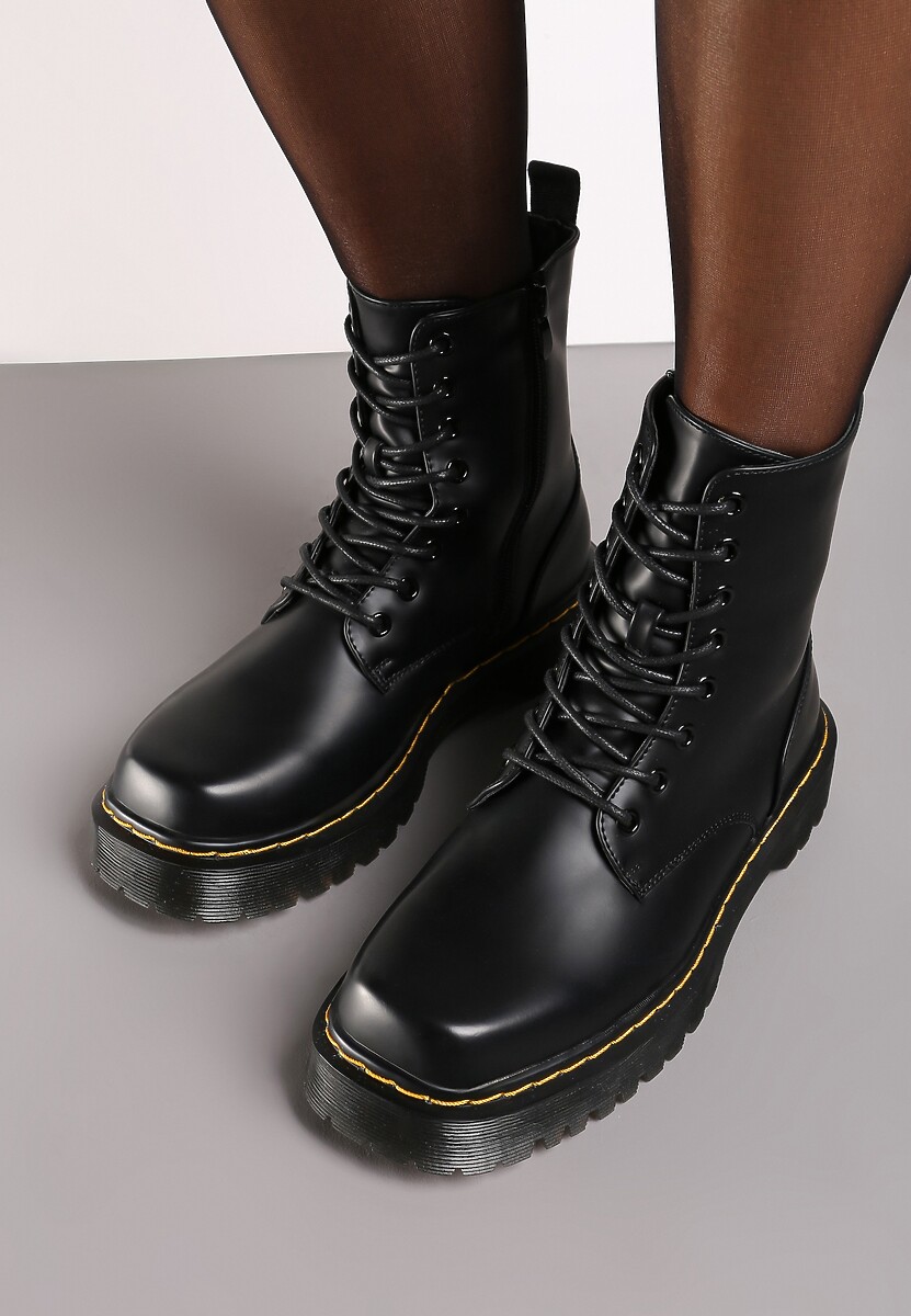 Czarne Sznurowane Ocieplone Botki na Platformie w Stylu Workerów Crecca