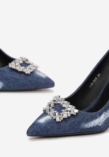 Granatowe Szpilki Jeansowe z Ozdobą w Cyrkonie Lalya