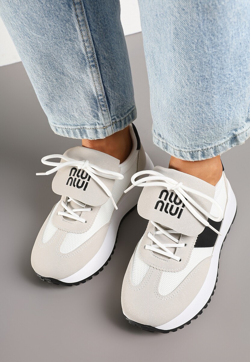 Beżowo-Czarne Sneakersy na Platformie z Geometrycznym Wzorem Aluina