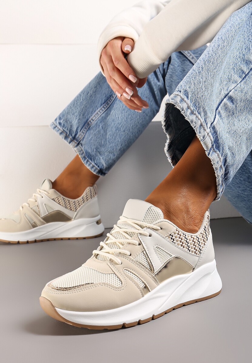 Beżowe Sneakersy z Siateczkowymi i Metalicznymi Zdobieniami Detama
