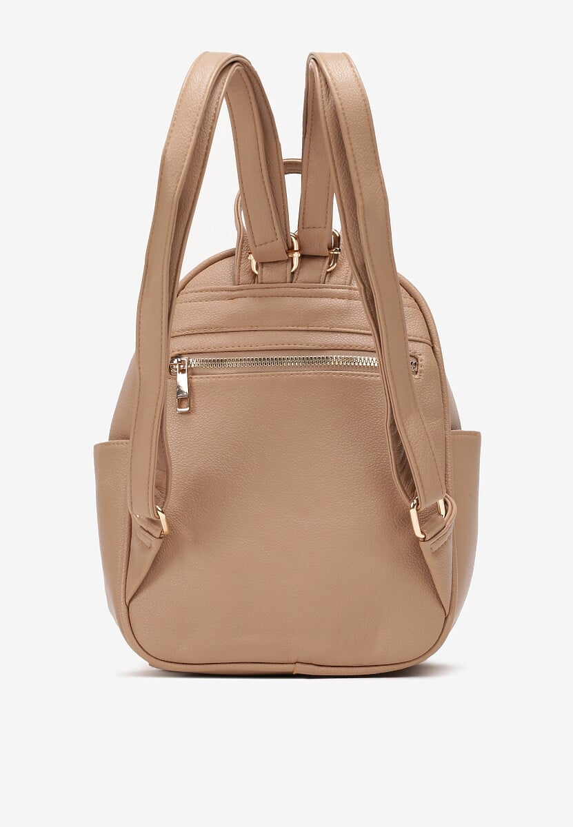 Beżowy Mały Plecak z Imitacji Skóry na Regulowanych Szelkach z Łańcuszkiem Carnissa