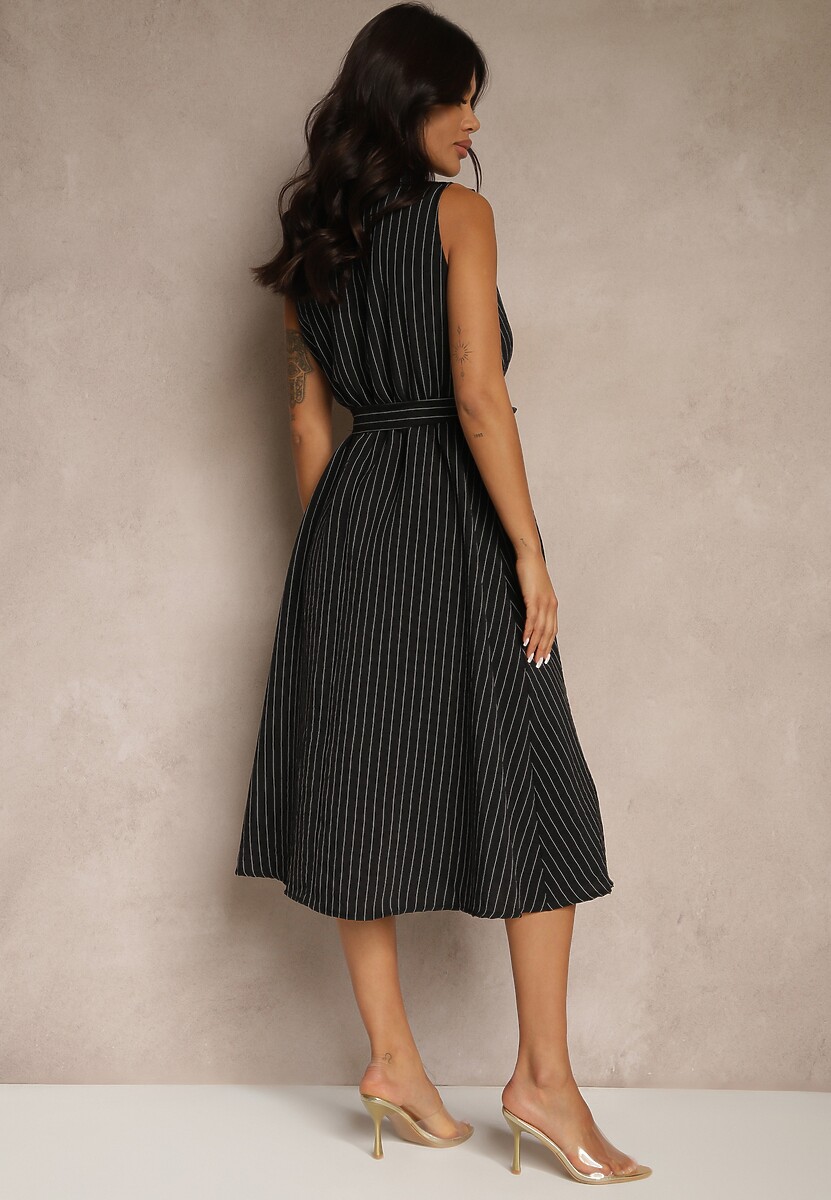 Czarna Koszulowa Sukienka Bez Rękawów z Wiązanym Paskiem Lideene