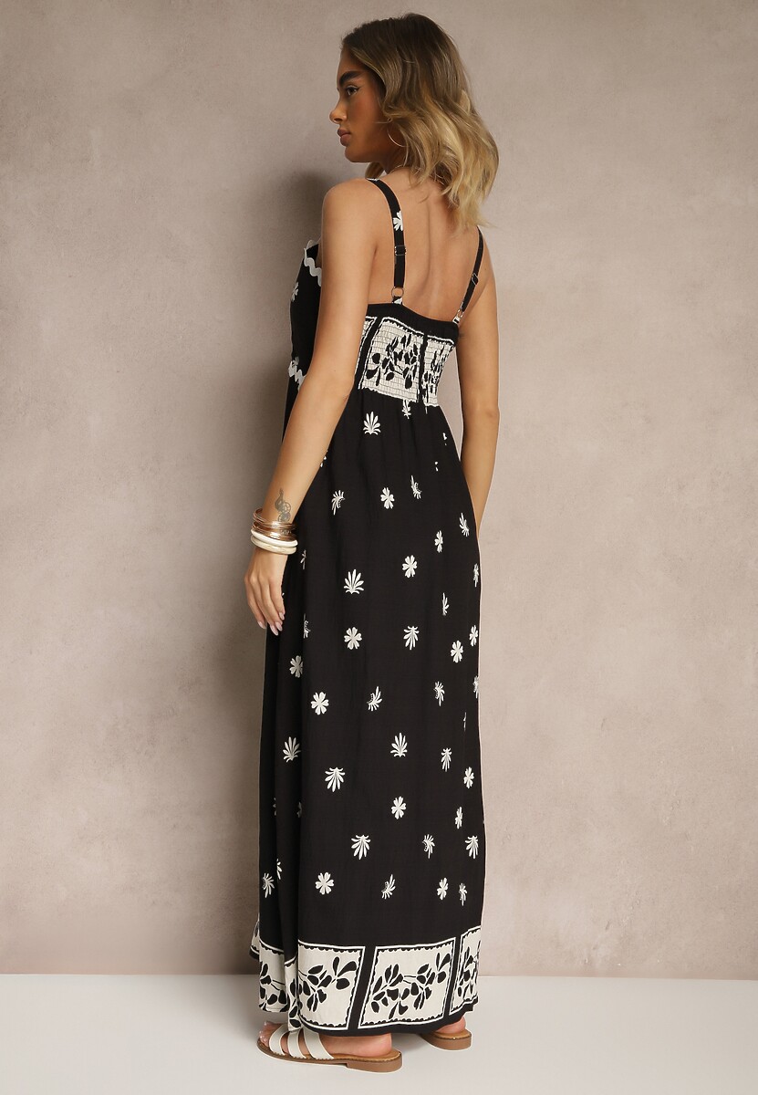 Czarna Sukienka z Wiskozy Ozdobiona Geometrycznym Motywem Lunessa