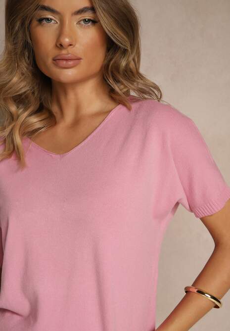 Różowa Bluzka z Dzianiny z Dekoltem w Serek Fenalise