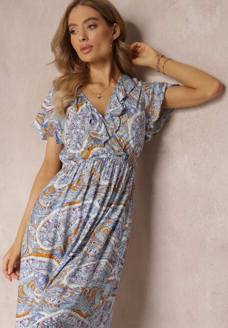 Niebieska Wiskozowa Sukienka z Gumką w Pasie i Kopertowym Dekoltem  Asima