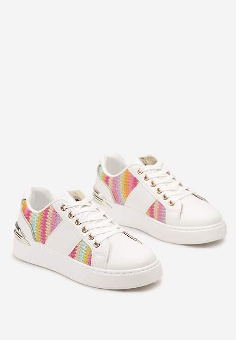 Biało-Różowe Sznurowane Sneakersy z Ekoskóry z Plecionką i Metaliczną Wstawką Josephina