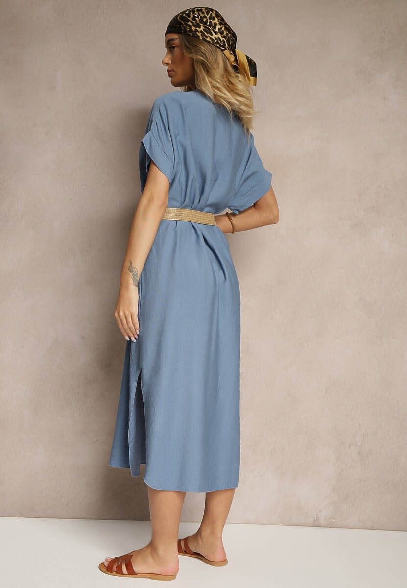 Niebieska Pudełkowa Sukienka z Wiskozy z Dekoltem V Paskiem i Rozcięciami po Bokach Soniloria