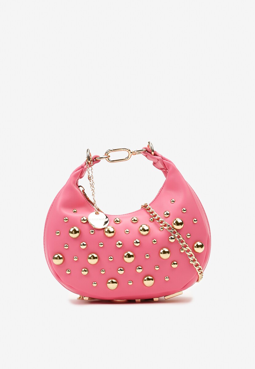 Fuksjowa Torebka Baguette z Napisem Love Łańcuszkiem i Wypukłymi Nitami Teresiel