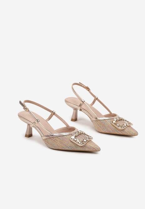 Szampańskie Sandały na Szpilce Slingback Ozdobione Cyrkoniami Fonaviel
