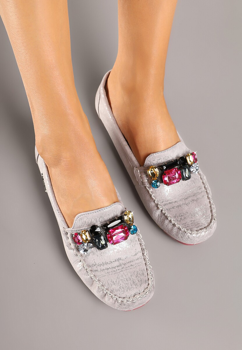 Srebrne Mokasyny z Wkładką ze Skóry Naturalnej i Cyrkoniami Zimora