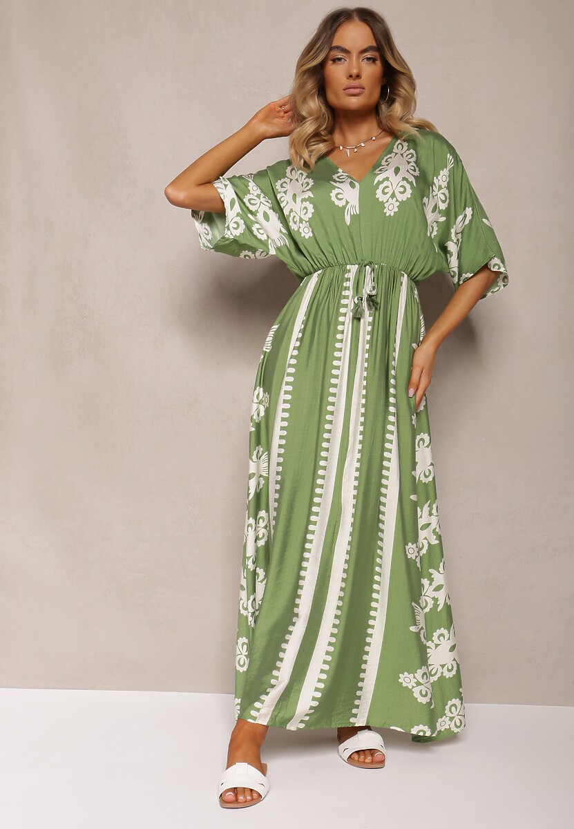 Zielona Sukienka Taliowana z Bawełny z Gumką w Pasie Rivaq