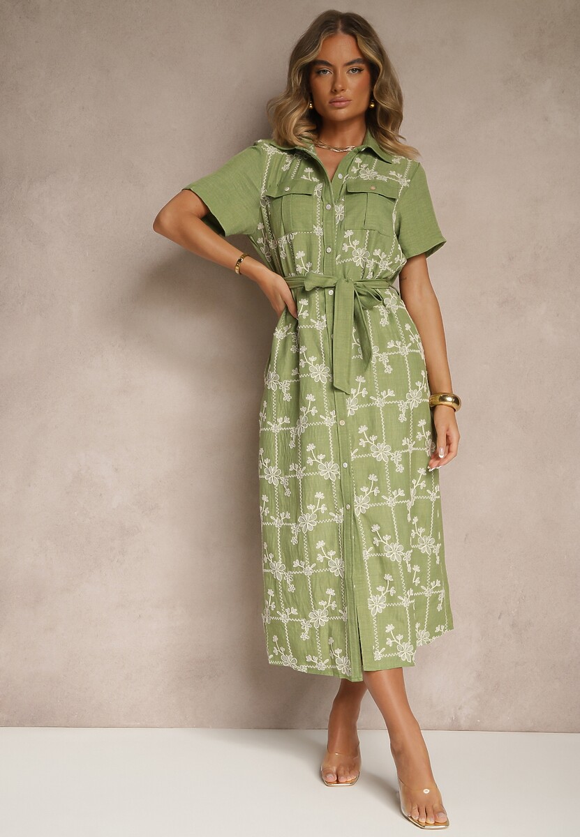 Zielona Koszulowa Sukienka z Wiązanym Paskiem Zdobiona Haftem Malinnessa
