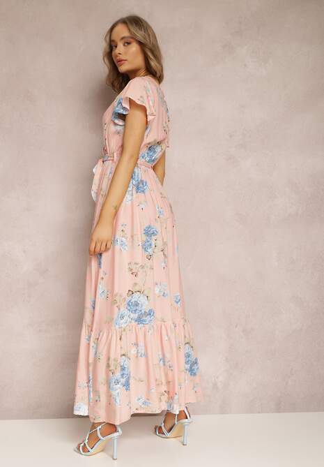 Jasnoróżowa Sukienka w Kwiaty o Kopertowym Kroju z Wiązanym Paskiem Iphene