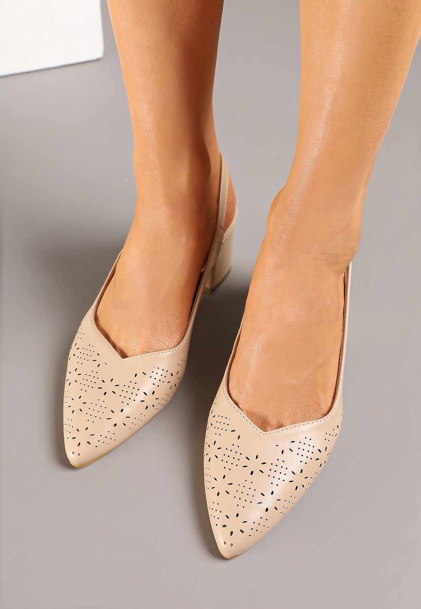 Ciemnobeżowe Sandały Vices na Słupku Slingback z Ażurową Cholewką i Skórzaną Wkładką Tiranis