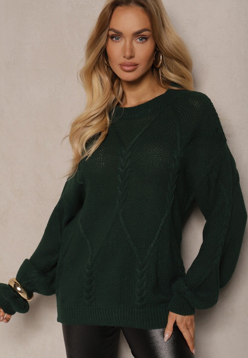 Ciemnozielony Sweter z Ozdobnym Tłoczeniem i Ściągaczami Temariel