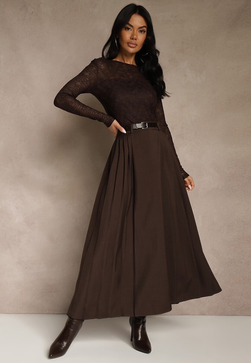 Brązowa Rozkloszowana Spódnica z Wiskozy z Dodatkowym Paskiem z Klamrą Lowedina