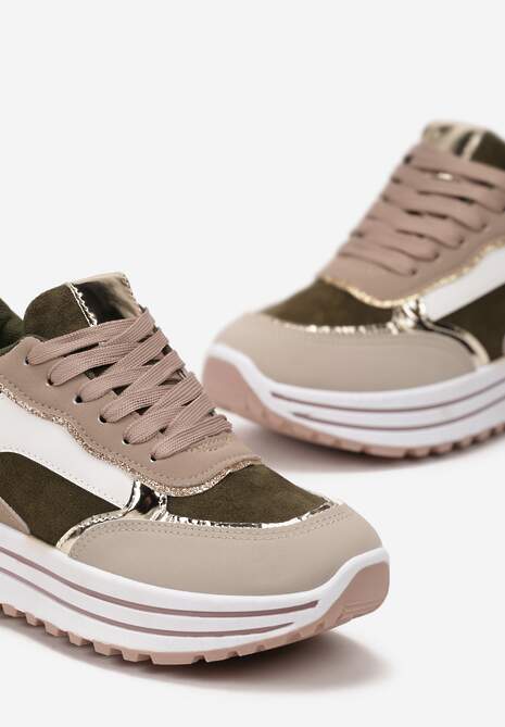 Zielone Sneakersy na Wysokiej Podeszwie z Błyszczącymi Wstawkami Lovana