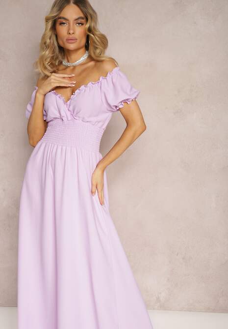 Fioletowa Sukienka z Wiskozy z Gumką w Talii i Kopertowym Dekoltem Rhoneri