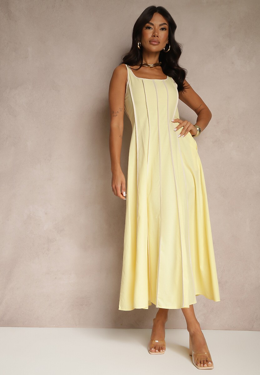 Żółta Sukienka z Wiskozą o Rozkloszowanym Kroju w Pionowe Prążki Gonariel