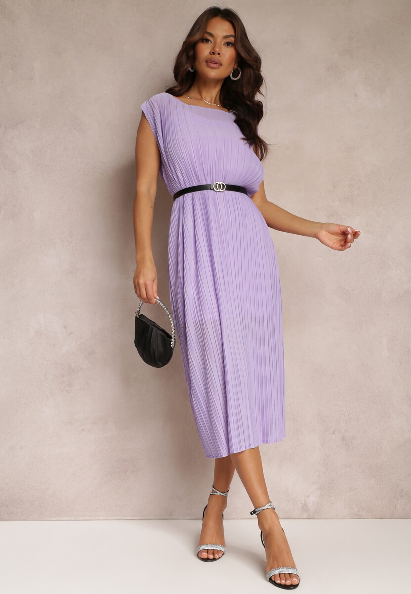 Granatowa Pudełkowa Sukienka Midi z Plisowanej Tkaniny z Paskiem z Klamerką Lanaia