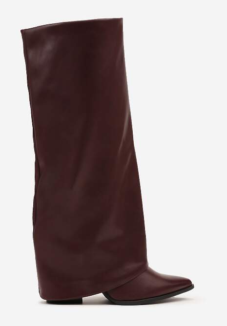 Bordowe Kozaki Kowbojki na Stożkowym Obcasie Ozdobione Wywiniętą Cholewką Nalunisa