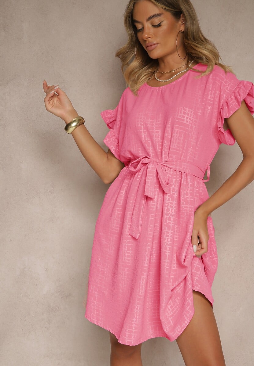 Fuksjowa Sukienka z Paskiem i Falbankami przy Rękawach Folunelle