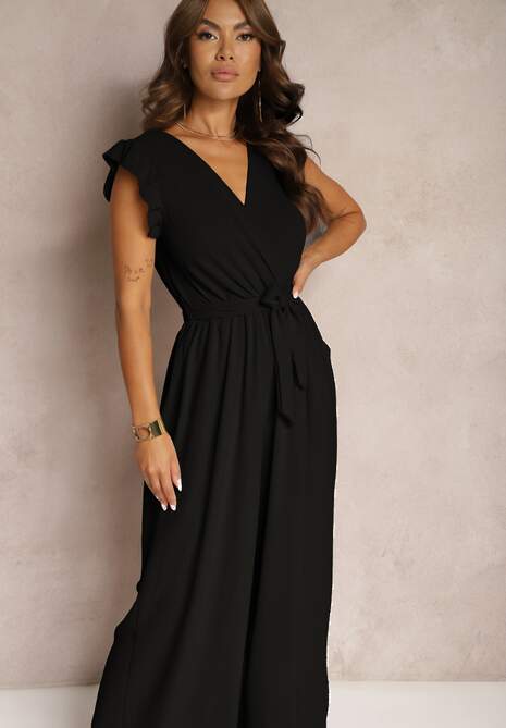 Czarny Koktajlowy Kombinezon Wiązany Paskiem Wykończony Falbankami przy Ramionach Vimaseni