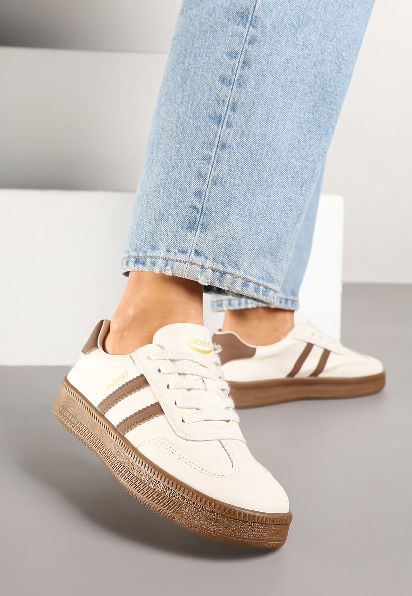 Beżowo-Brązowe Sneakersy Sportowe z Ozdobnymi Paskami i Przeszyciami Wenilan